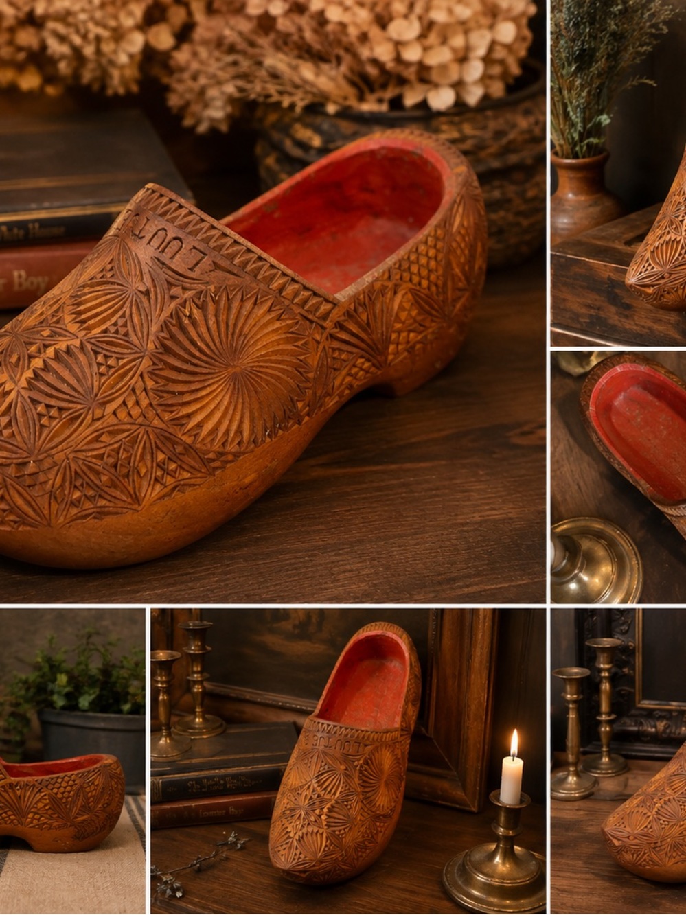 Hand-Carved Leather Men's Clog in Brown with Red Lining